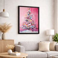 Abstract Oil Painting Holiday Decor, Pink Christmas Tree Canvas Wall Art, Colorful Festive Xmas Wall Poster Printable Digital Download