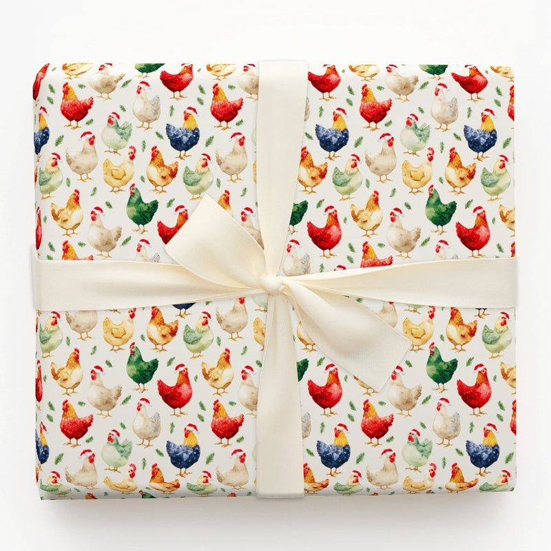 Watercolor Rooster Holiday Gift Wrap, Christmas Chicken Wrapping Paper, Santa Hat Farmhouse Animal Wrapping Paper, Farmer Xmas Gift Wrap