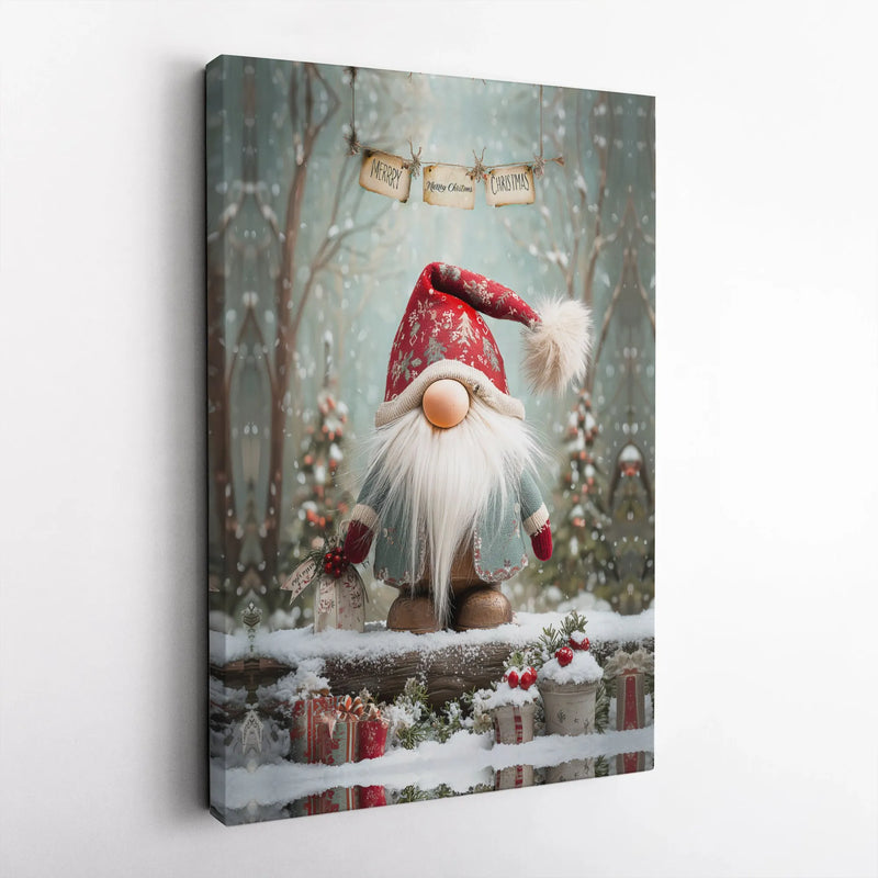 Snowy Winter Woodland Forest Print, Christmas Gnome Canvas Wall Art, Adorable Holiday Gnome Poster, Festive Digital Download Home Decor