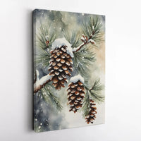 Watercolor Winter Botanical Canvas Print, Snowy Pine Cones Canvas Wall Art, Christmas Pine Cone Wall Art, Comfy Holiday Canvas