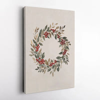 Botanical Holiday Canvas Art, Watercolor Red Berry Wreath Canvas Print, Christmas Wreath Wall Decor, Festive Winter Canvas, Seasonal Present