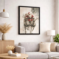 Rustic Christmas Canvas Print, Santa Claus Reindeer Sleigh Canvas Wall Art, Holiday Painting Wall Art, Festive Winter Home Decor Present