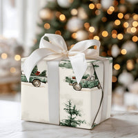 Farmhouse Tree Gift Wrap, Vintage Green Truck Christmas Wrapping Paper, Rustic Pine Holiday Wrapping Paper, Winter Present Gift Wrap Roll