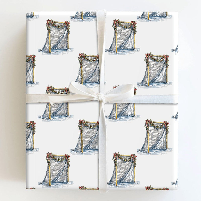 Watercolor Hockey Goal Net Gift Wrap, Christmas Hockey Wrapping Paper, Winter Sports Holiday Wrapping Paper, Ice Hockey Fan Xmas Gift Wrap