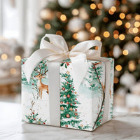 Snowy Forest Christmas Wrapping Paper, Watercolor Reindeer Wrapping Paper, Winter Tree Gift Wrap, Holiday Present Wrapping Paper