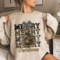 Rustic Leopard Bow Holiday Pullover, Merry Christmas Camo Tree Sweatshirt, Farmhouse Xmas Tree Crewneck, Adorable Winter Season Camo Sweater