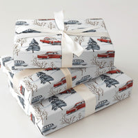 Retro Snowy Forest Gift Wrap, Vintage Car Christmas Wrapping Paper, Classic Car Holiday Wrapping Paper, Winter Vehicle Gift Wrapping Paper