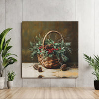 Rustic Holly Berry Canvas Print, Christmas Basket Still Life Canvas Wall Art, Winter Pinecone Painting, Holiday Decor Digital Download
