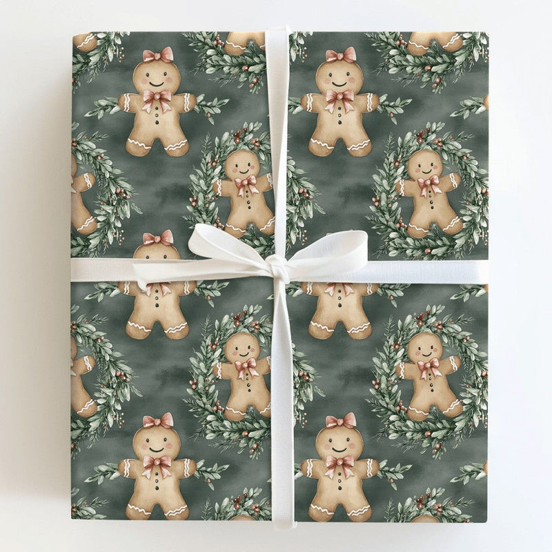 Watercolor Cookie Holiday Wrapping Paper, Gingerbread Girl Christmas Wrapping Paper, Winter Wreath Gift Wrap Roll, Adorable Festive Xmas Paper