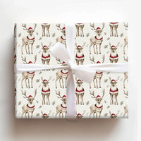 Santa Hat Reindeer Gift Wrap, Watercolor Reindeer Wrapping Paper, Festive Reindeer Christmas Paper Roll, Holiday Gift Wrapping Paper
