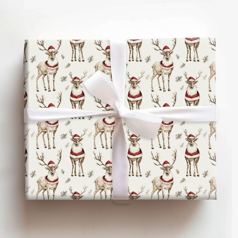 Santa Hat Reindeer Gift Wrap, Watercolor Reindeer Wrapping Paper, Festive Reindeer Christmas Paper Roll, Holiday Gift Wrapping Paper