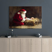 Religious Christmas Canvas Wall Art, Santa Kneeling Before Baby Jesus Canvas Print, Holy Nativity Scene Decor, Holiday Present