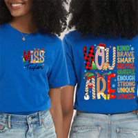 Custom Name Holiday Educator Shirt, Personalized Christmas Teacher T-Shirt, Two Sided Festive Graphic Tee, Xmas Teacher Season Present