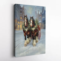 Snowy Town Winter Scene Canvas, Christmas Horse Carriage Canvas Wall Art, Holiday Farmhouse Canvas Print, Rustic Winter Wall Art Decor