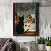 Santa Sleigh Snowy Village Wall Art, Black Cat Christmas Canvas Print, Comfy Winter Holiday Kitten Poster, Digital Download Cat Present