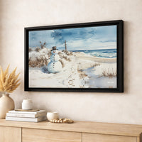 Snowy Beach Holiday Canvas Print, Coastal Snowman Canvas Wall Art, Watercolor Snowman Canvas, Coastal Christmas Wall Decor