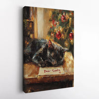 Sleeping Kitty Dear Santa Letter Poster, Christmas Black Cat Canvas Wall Art, Adorable Holiday Pet Print, Digital Download Decor Present
