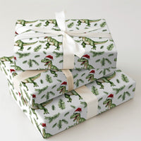 Christmas Dinosaur Wrapping Paper, Santa Hat T-Rex Wrapping Paper, Watercolor Dino Gift Wrap, Adorable Dinosaur Holiday Present Wrapping Paper