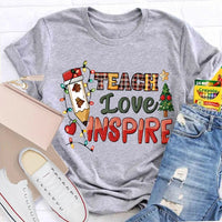 Festive Tree Lights Teacher Tee, Teach Love Inspire Christmas T-Shirt, Holiday Educator Shirt, Merry Christmas School Teacher Present