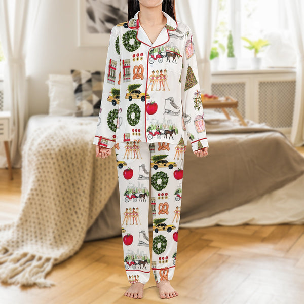 NYC Holiday Icons Pajamas, New York Christmas Satin Pajama Set, Festive City Sleepwear Set, Christmas Pajama Loungewear, NYC 