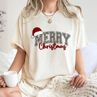 Leopard Santa Hat Holiday Graphic Tee, Merry Christmas T-Shirt, Adorable Retro Xmas Shirt, Festive Christmas Party Tee for Women Teens