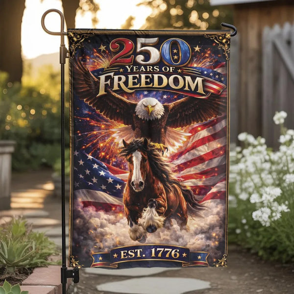 Patriotic Eagle Horse Garden Flag | 250 Years of Freedom Americana Art | Double-Sided Weather-Resistant Polyester | Gift for Americana Collectors