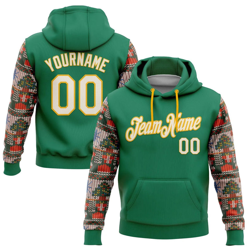Kelly Green Knit Sleeve Hoodie, Custom Christmas Sports Hoodie, Personalized Name and Number Sweatshirt, Holiday Team Spirit Fan Hoodie