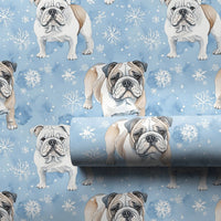 Watercolor Winter Dog Gift Wrap, English Bulldog Wrapping Paper, Adorable Bulldog Holiday Wrapping Paper, Blue Snowflake Christmas Gift Wrap