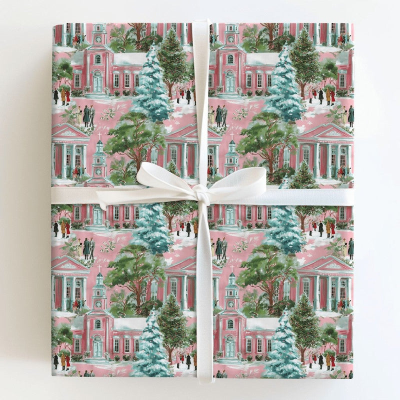 Snowy Winter Village Gift Wrap, Pink Christmas Wrapping Paper, Pastel Church Town Wrapping Paper, Retro Holiday Present Gift Wrap Roll