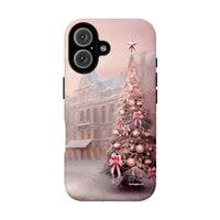 Snowy Victorian Holiday iPhone Case, Pink Christmas Tree Phone Case, Pink Bow Xmas Phone Cover, Winter Festive iPhone Case, Christmas Present