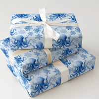 Coastal Christmas Wrapping Paper, Blue Octopus Wrapping Paper, Watercolor Snowflake Holiday Wrapping Paper, Ocean Lover Gift Wrap Roll