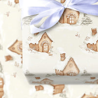 Snowy Cottage Holiday Gift Wrap, Winter Village Christmas Wrapping Paper, Watercolor Cabin Wrapping Paper, Comfy Seasonal Gift Wrapping Paper
