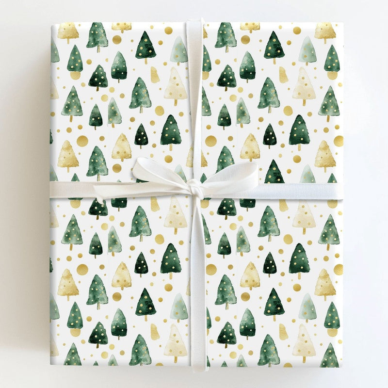 Green and Gold Holiday Gift Wrap, Watercolor Christmas Tree Wrapping Paper, Modern Festive Tree Wrapping Paper, Elegant Xmas Wrapping Paper