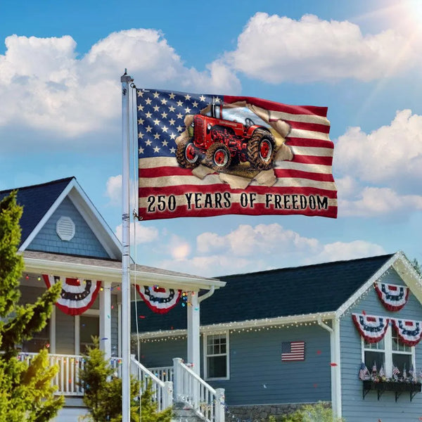 Red Tractor American Flag | 250 Years of Freedom Patriotic House Flag | Double-Sided Weather-Resistant Polyester | Farmer Gift