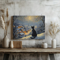 Snowy Christmas Night Art Poster, Black Cat Winter Village Canvas Wall Art, Comfy Holiday Wall Decor Print, Cat Lover Digital Download