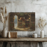 Snowy Farmhouse Canvas Print, Christmas Horse Stable Canvas Wall Art, Equestrian Winter Wall Decor, Country Barn Canvas, Holiday Home Present