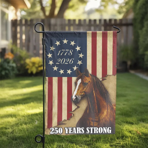 Patriotic Horse Garden Flag | 250 Years Strong USA American Flag 1778 2026 | Double Sided Weatherproof Polyester | Rustic Yard Decor Gift for Horse Lovers