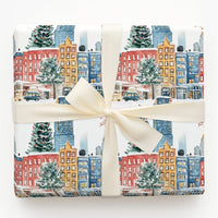 Winter Street Gift Wrap, Snowy City Christmas Wrapping Paper, Watercolor Holiday Wrapping Paper, Festive Town Gift Wrap, Present Paper