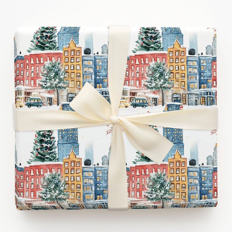 Winter Street Gift Wrap, Snowy City Christmas Wrapping Paper, Watercolor Holiday Wrapping Paper, Festive Town Gift Wrap, Present Paper