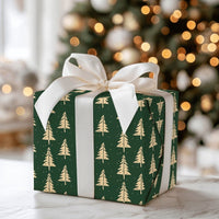 Forest Green Holiday Gift Wrap Roll, Gold Pine Tree Christmas Wrapping Paper, Winter Tree Wrapping Paper, Festive Xmas Gift Wrapping Paper