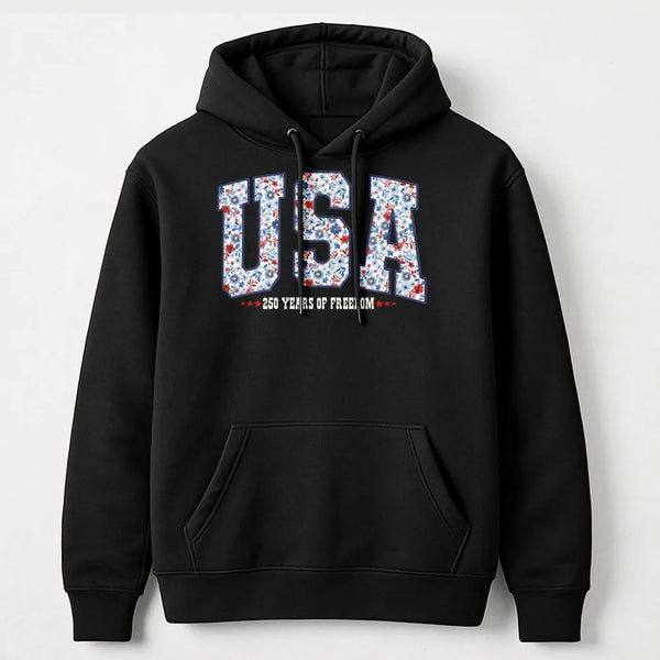 USA 250 Years Hoodie | Floral Varsity Lettering | Cotton-Polyester Blend | Patriotic 4th of July Anniversary Gift