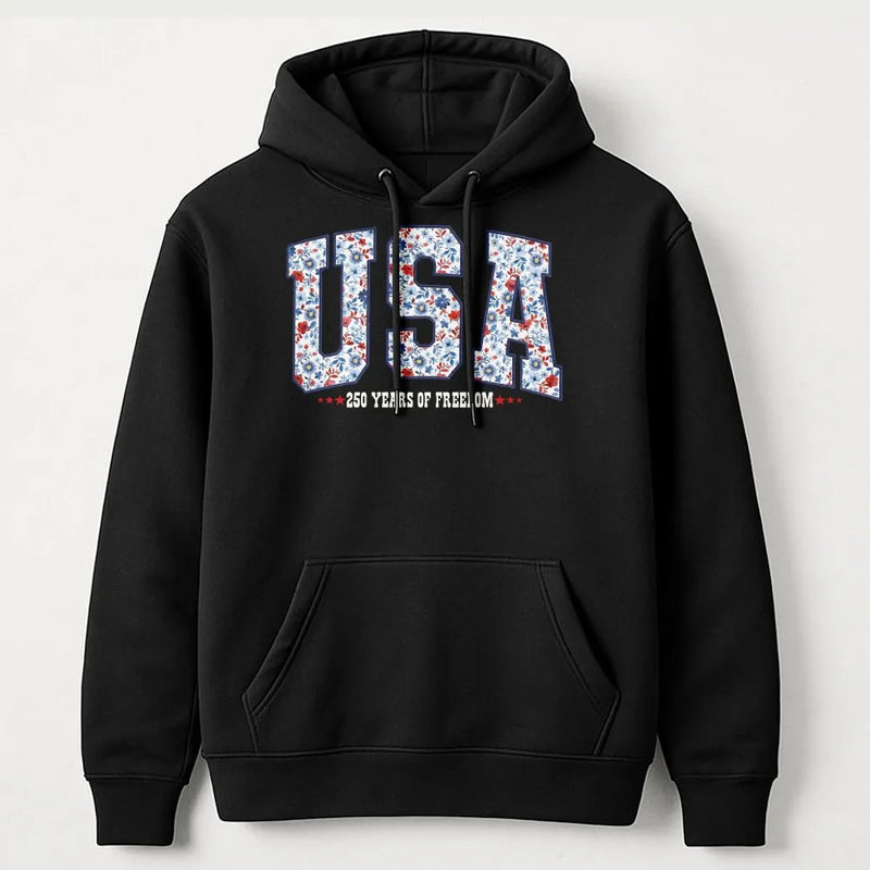 USA 250 Years Hoodie | Floral Varsity Lettering | Cotton-Polyester Blend | Patriotic 4th of July Anniversary Gift