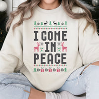Humorous Alien Xmas Sweater, I Come in Peace Ugly Christmas Sweatshirt, Retro Sci Fi Holiday Pullover, Humorous Christmas Alien Crewneck Present