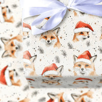 Adorable Woodland Animal Gift Wrap, Watercolor Fox Christmas Wrapping Paper, Santa Hat Winter Fox Wrapping Paper, Festive Holiday Gift Wrap Roll