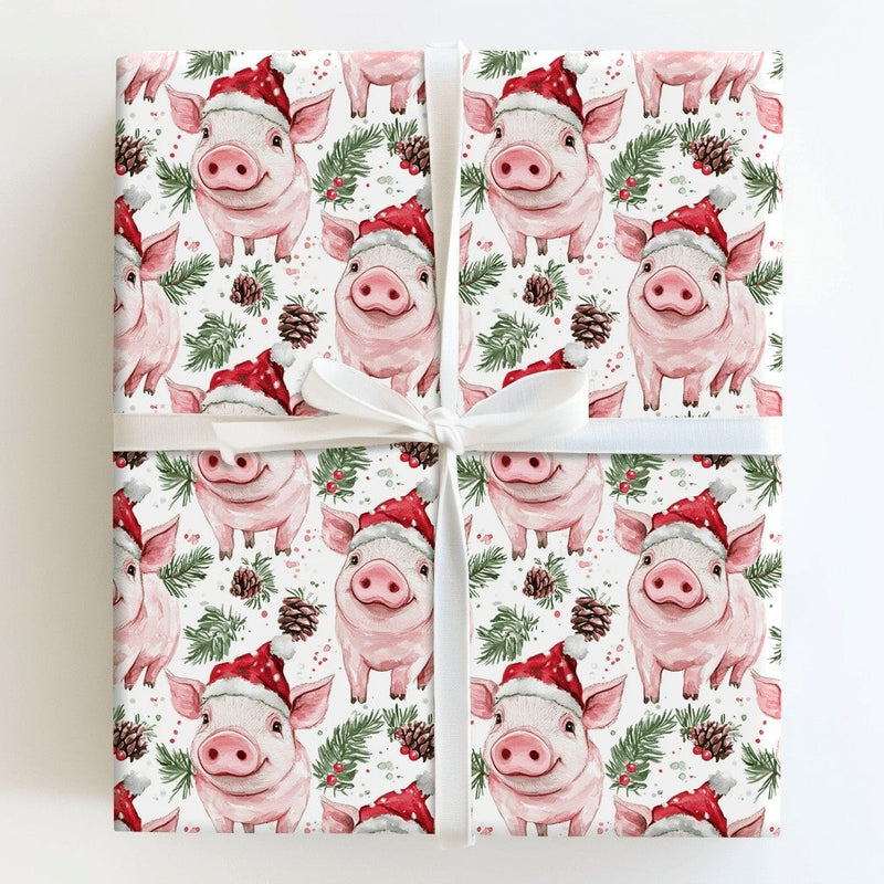 Adorable Watercolor Piglet Gift Wrap, Santa Hat Pig Wrapping Paper, Festive Animal Christmas Wrapping Paper, Whimsical Holiday Present Gift Wrap