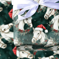 Equestrian Wreath Santa Gift Wrap, White Horse Christmas Wrapping Paper, Evergreen Holiday Horse Wrapping Paper, Festive Horse Gift Wrap