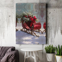 Red Sleigh Pine Garland Wall Art, Vintage Christmas Sleigh Canvas Print, Rustic Holiday Sleigh Canvas, Winter Sleigh Wall Decor