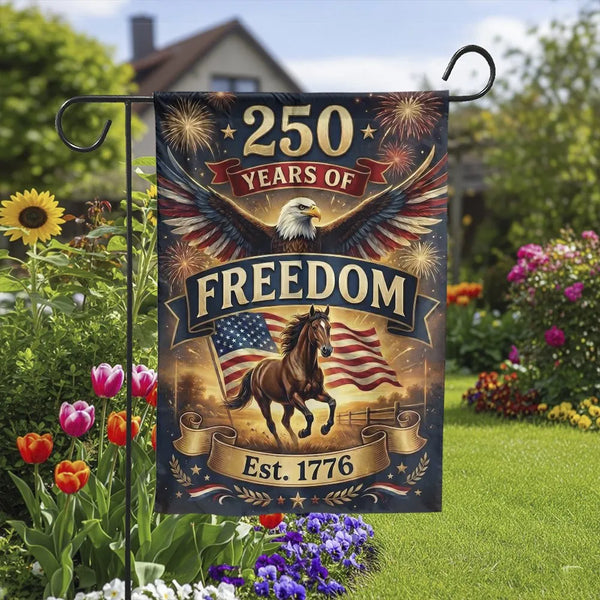 Patriotic 250 Years of Freedom Garden Flag | American Eagle & Running Horse Double-Sided Design | Premium Weather-Resistant Polyester | 4th of July & Independence Day Outdoor Decor Gift