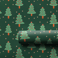 Pine Tree and Stars Gift Wrap, Dark Green Christmas Tree Wrapping Paper, Festive Holiday Wrapping Paper, Adorable Seasonal Xmas Gift Wrap Roll