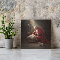 Baby Jesus Nativity Scene Oil Painting Print, Santa Kneeling at Manger Square Canvas Art, Christian Religious Christmas Canvas